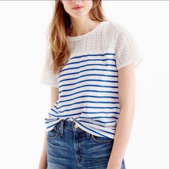 🆕 J Crew Eyelet Striped Short Sleeve Top - Picture 2 of 6